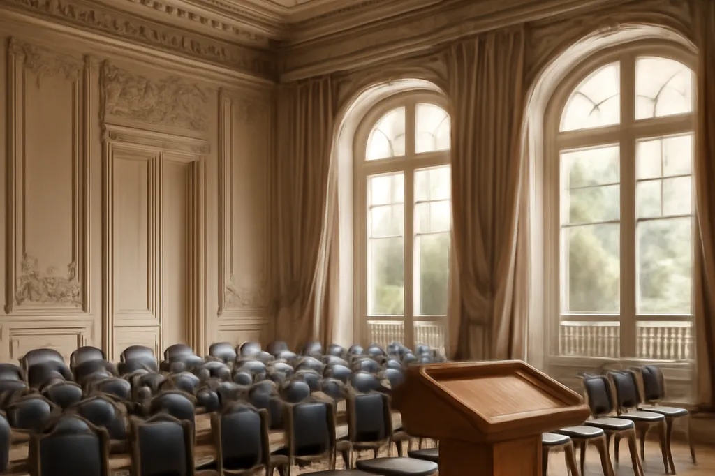 Salle de conférence parisienne classique avec pupitre, drapeaux et rangées de sièges pour intervenants