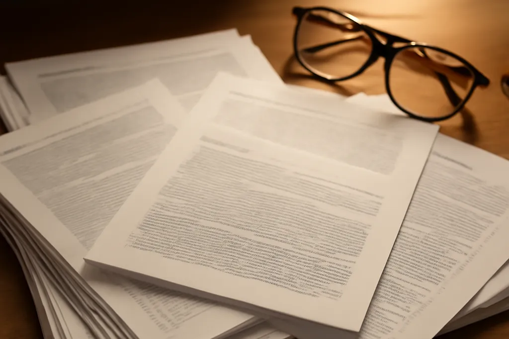 Documents et rapports de recherche stratégique empilés sur un bureau avec stylo et lunettes de lecture