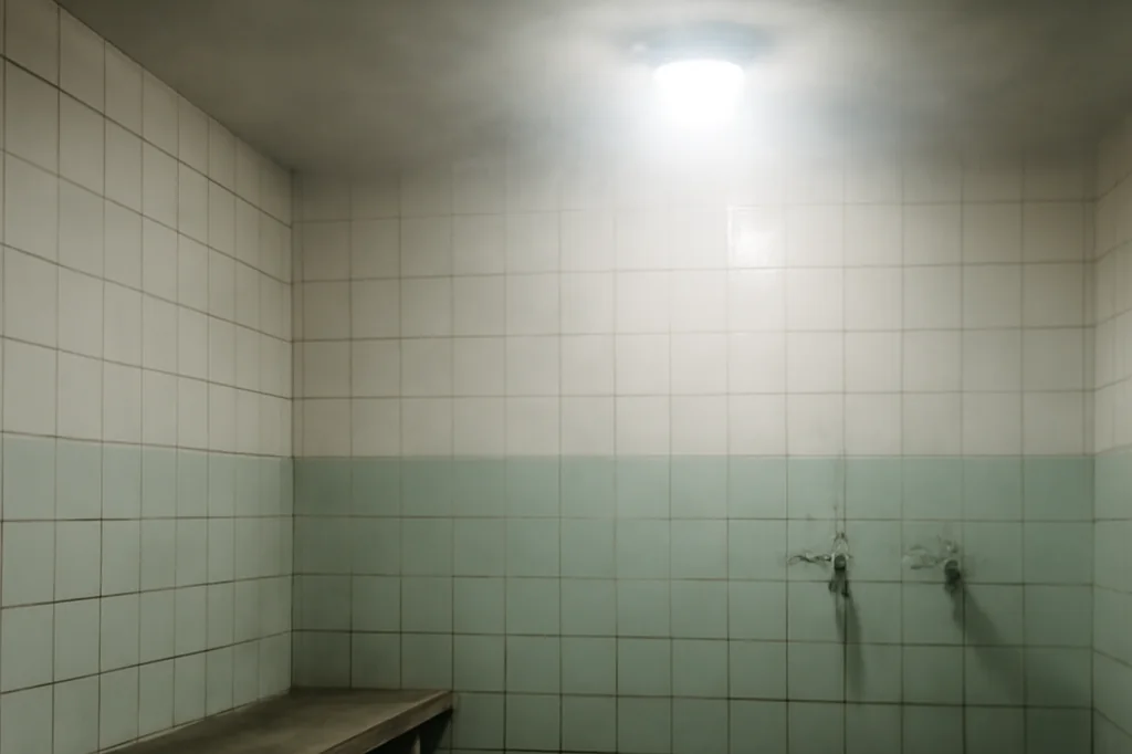 Intérieur de bains publics vides, carrelage blanc, vapeur, banc de bois et lumière crue
