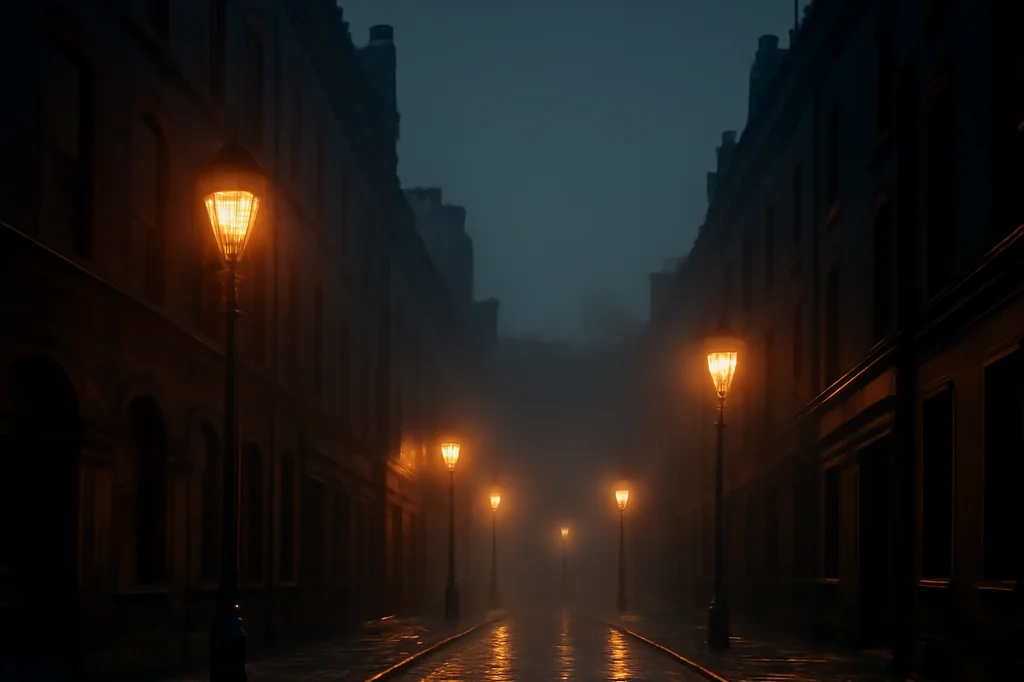 Rue londonienne déserte la nuit, pavés mouillés reflétant des lampadaires, façades de briques sombres