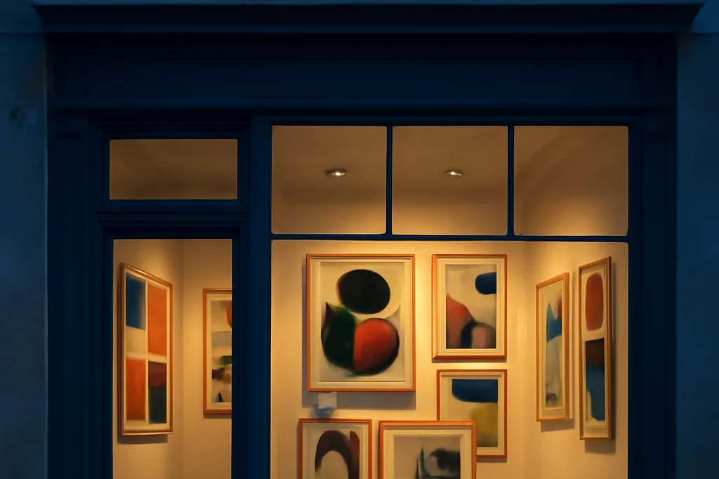 Vitrine de galerie d'art parisienne avec des toiles abstraites éclairées en soirée