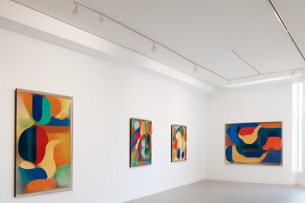 Intérieur d'une galerie d'art contemporain avec des toiles accrochées sur des murs blancs, lumière naturelle