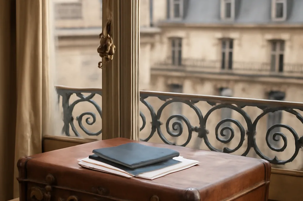 Vieille valise en cuir posée près d'une fenêtre parisienne avec un passeport et des documents de voyage
