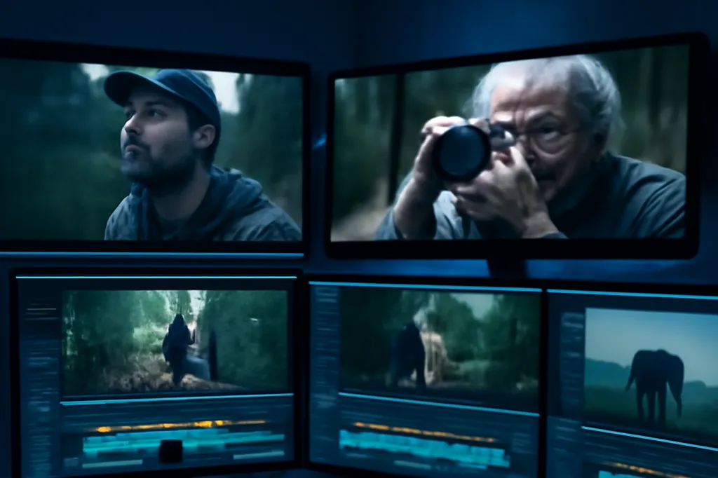 Salle de montage video avec plusieurs ecrans affichant des sequences documentaires