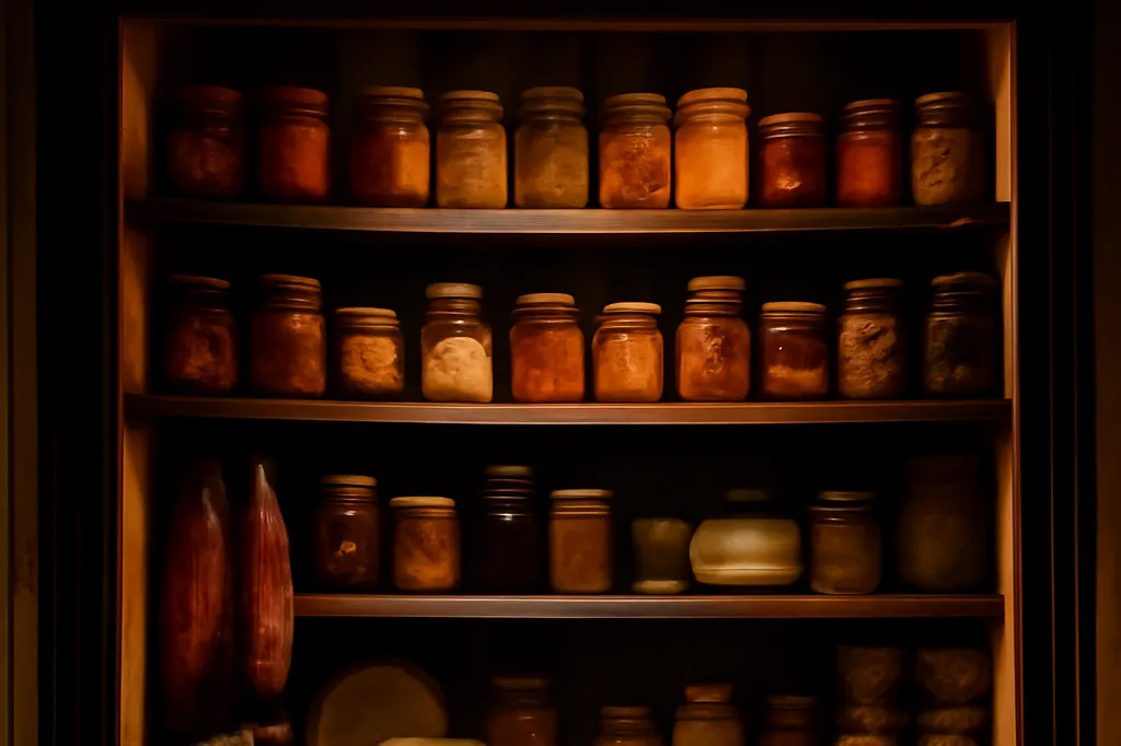 Vitrine d'épicerie avec des bocaux de conserves et des produits régionaux présentés en étagère