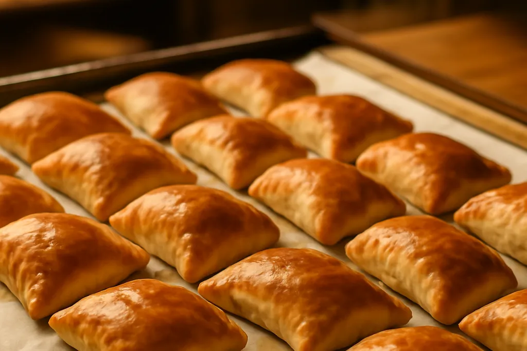 Plateau de petits chaussons feuilletés dorés disposés côte à côte sur du papier sulfurisé