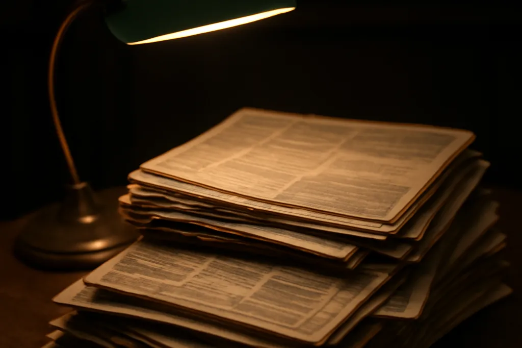 Pile de coupures de presse et de journaux archives sur un bureau, lumiere de bibliotheque