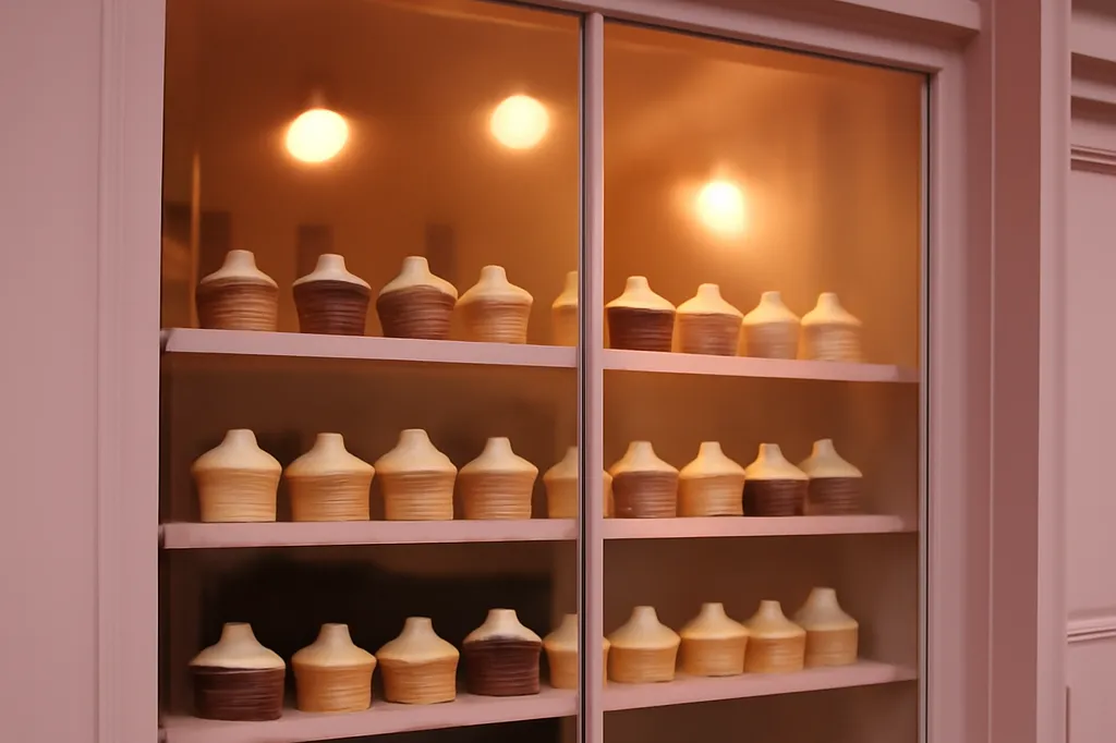 Vitrine de patisserie rose avec des cupcakes glaces disposes sur des etageres