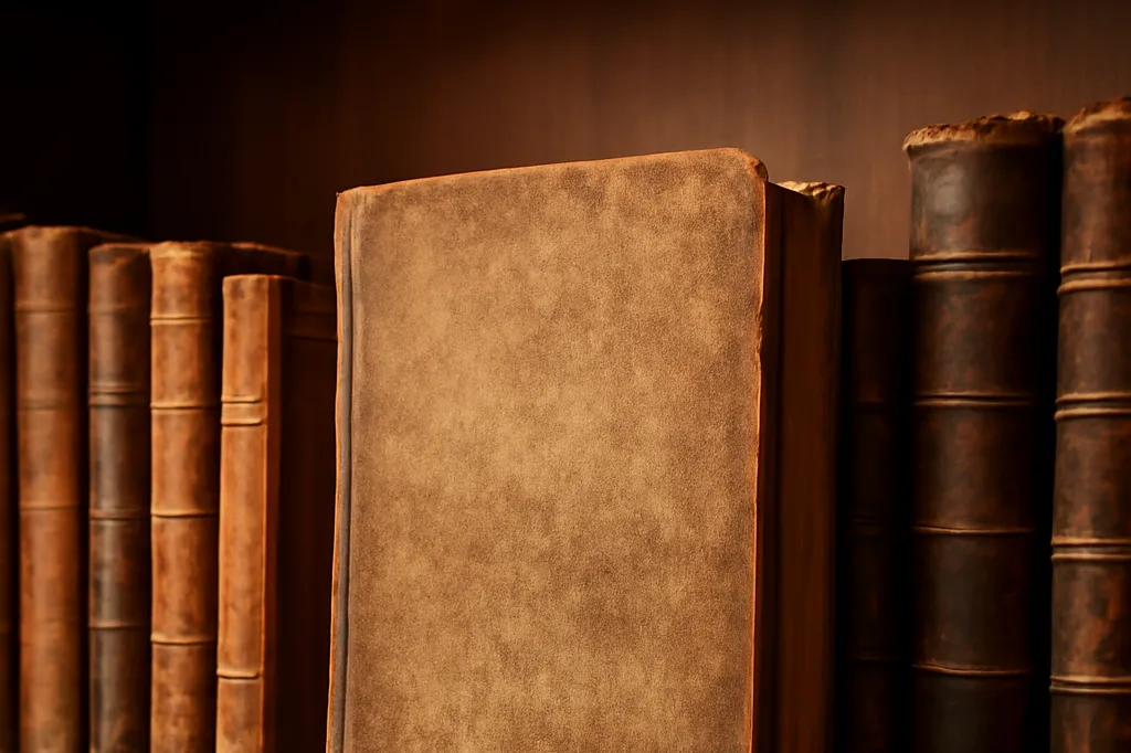 Livre relie ancien pose sur une etagere en bois parmi d'autres ouvrages anciens