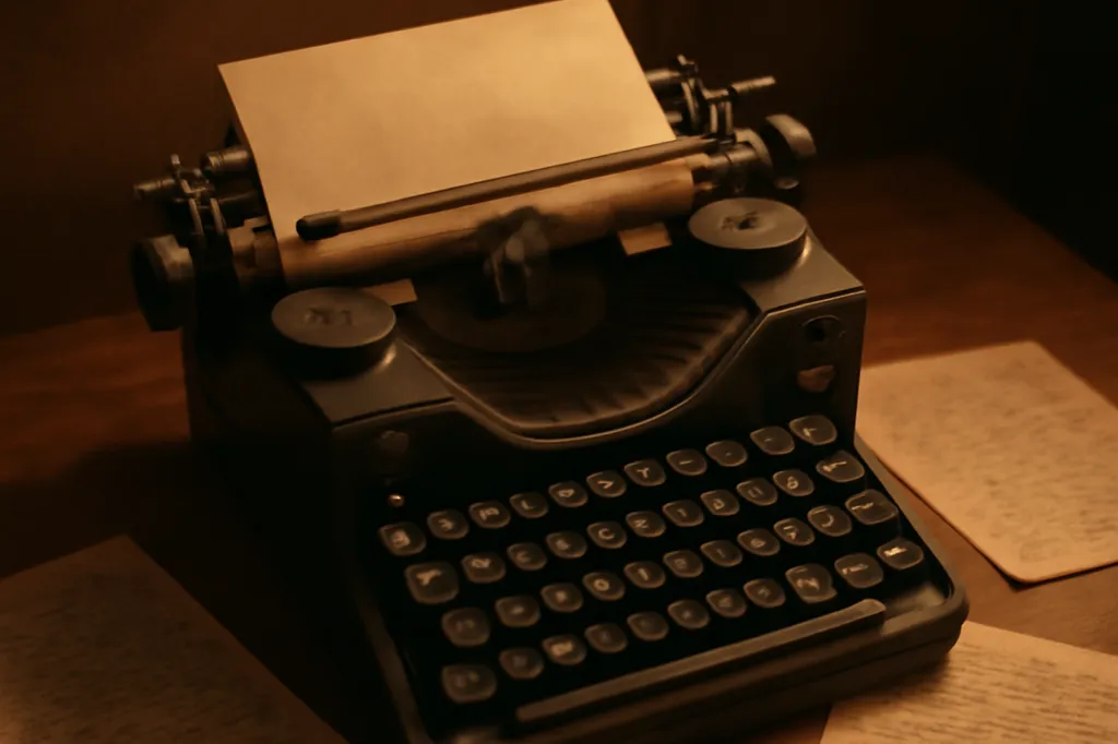 Vieille machine a ecrire posee sur un bureau en bois avec des feuillets manuscrits