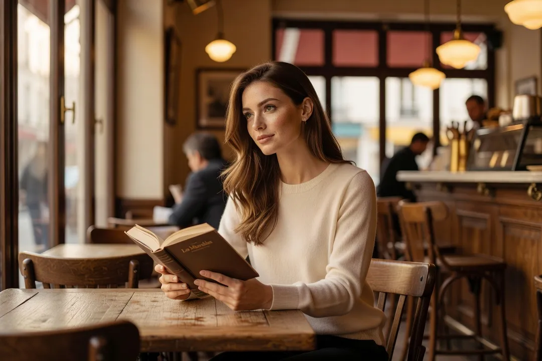 Femme lisant un livre dans un cafe parisien, atmosphere chaleureuse