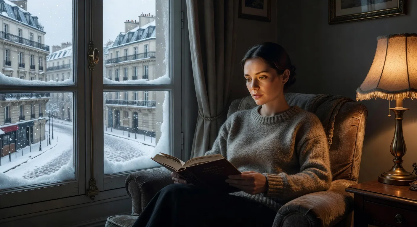 Femme russe en méditation devant une fenêtre parisienne au lever du jour, ambiance contemplative