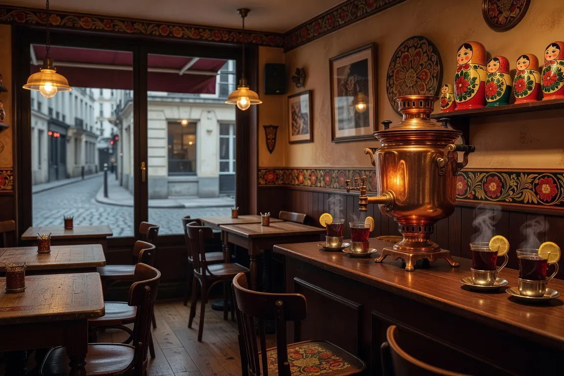 Intérieur cosy d'un café russe parisien, samovar en cuivre brillant sur le comptoir, lumière chaude dorée