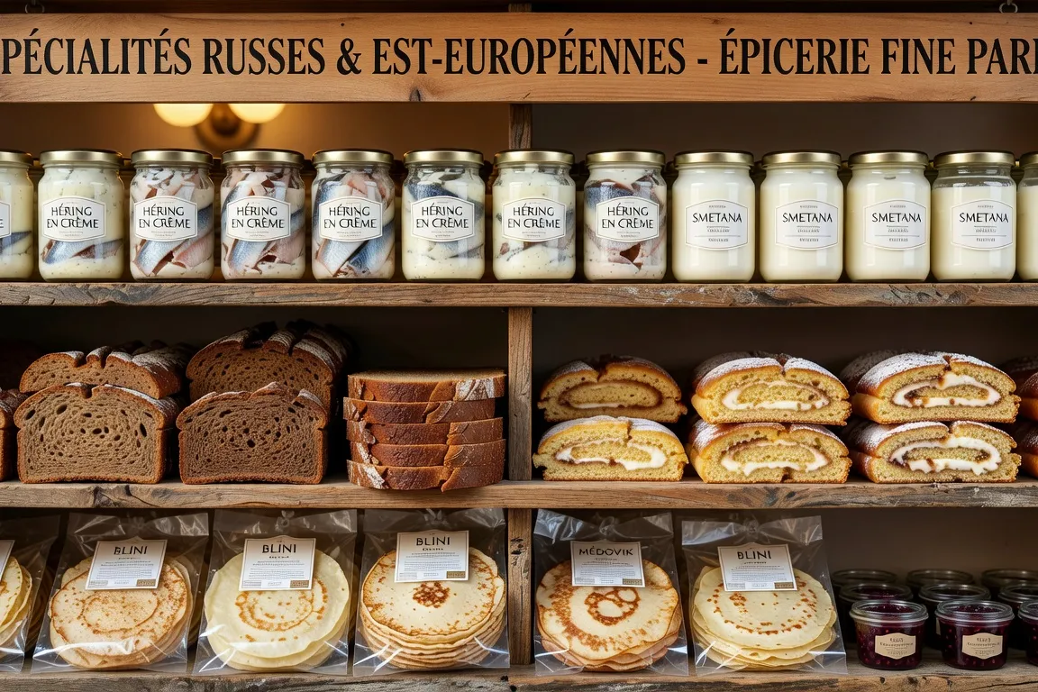 Étalage de spécialités culinaires russes et ukrainiennes dans une épicerie fine parisienne