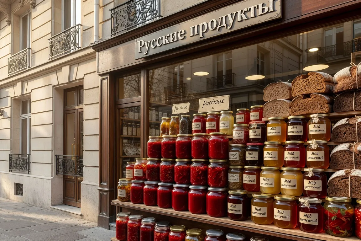 Devanture d'une épicerie russe dans le 8e arrondissement de Paris, vitrines garnies de produits slaves au printemps