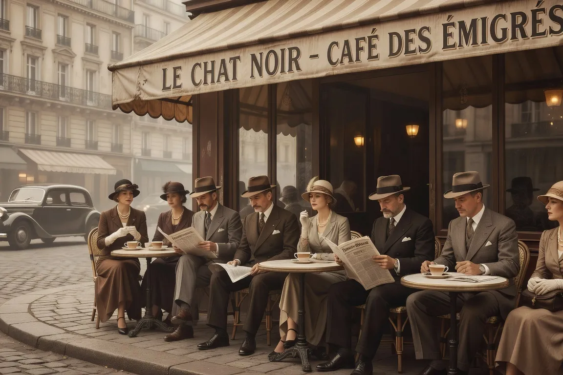 Illustration éditoriale évoquant Paris des années 1920, ambiance café de la Rive gauche, présence russe