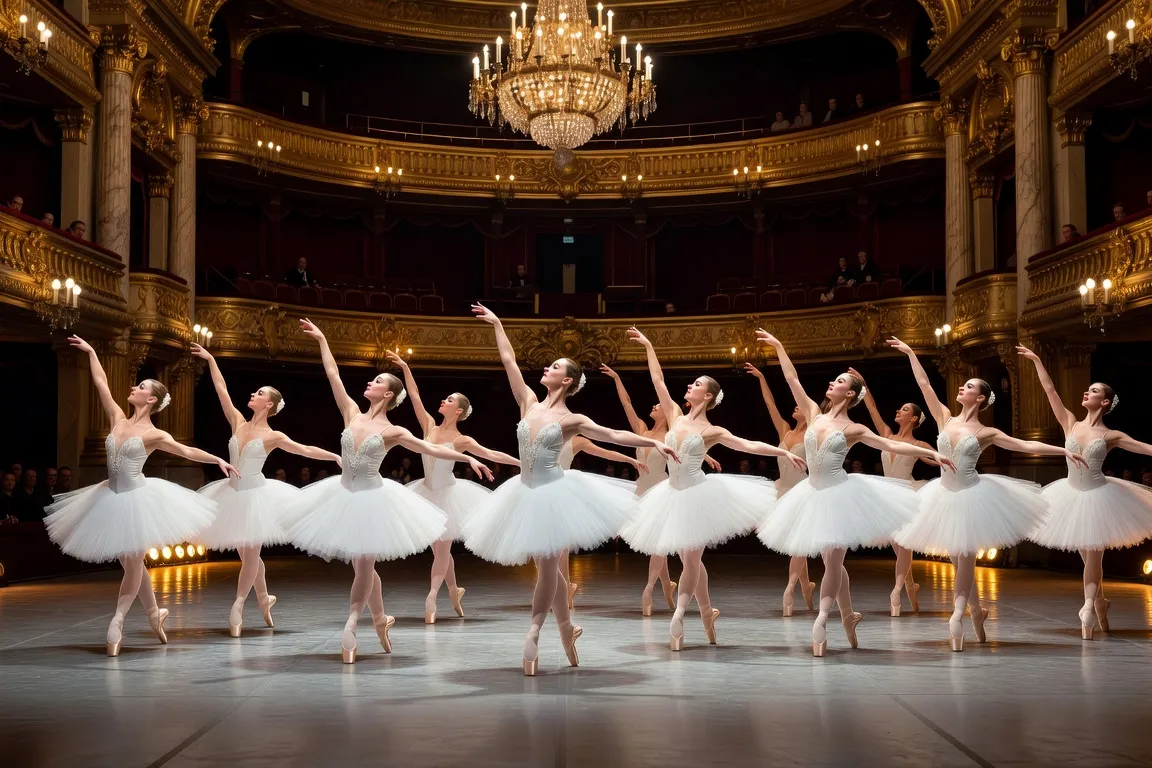 Scène de ballet classique russe sur la scène de l'Opéra Garnier, lumières dorées, ballerines en tutu blanc
