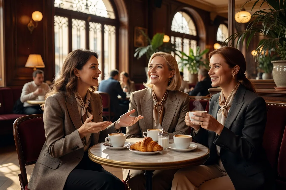Groupe de femmes russes réunies autour d'une table dans un café haussmannien parisien, atmosphère chaleureuse