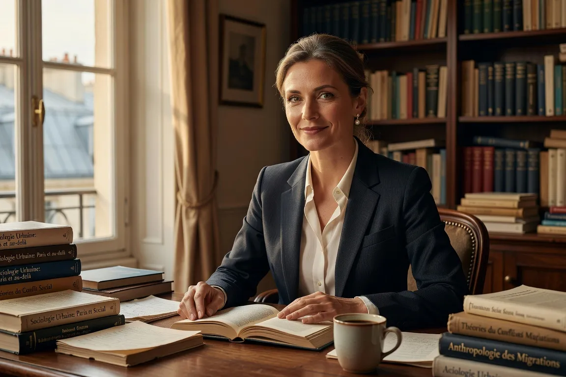 Portrait éditorial de Natacha Borisova, sociologue, bureau parisien avec livres académiques en arrière-plan