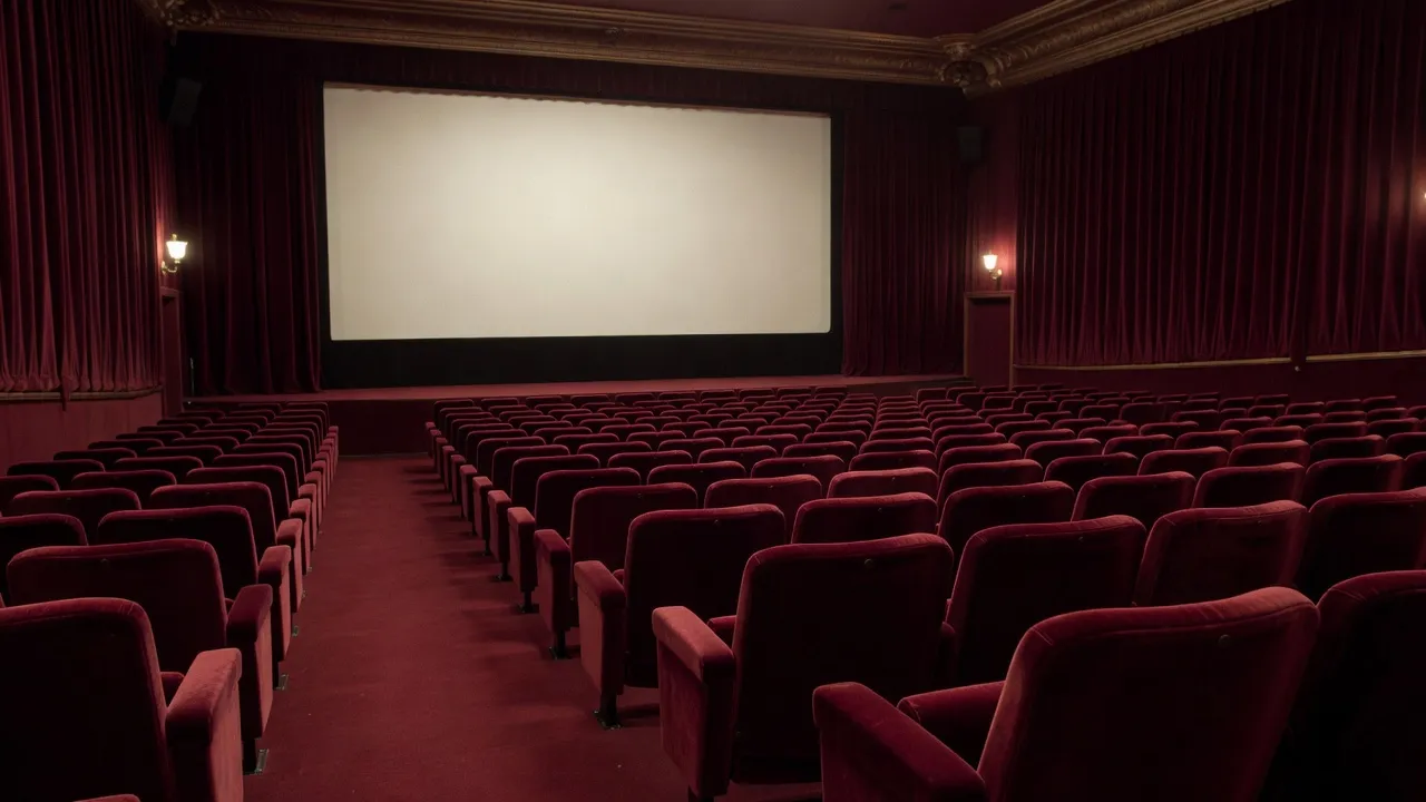 Salle de cinéma art et essai parisienne avec rangées en velours rouge, ambiance feutrée