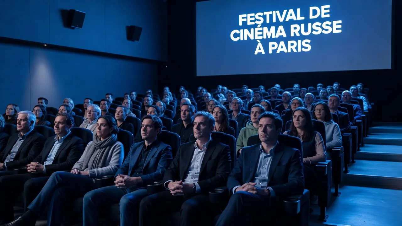Festival de cinéma russe : public regardant un film dans une salle moderne, lumière de projection sur les visages