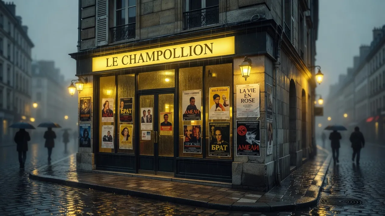 Façade illuminée d'un cinéma indépendant parisien avec affiches russes et cyrillique