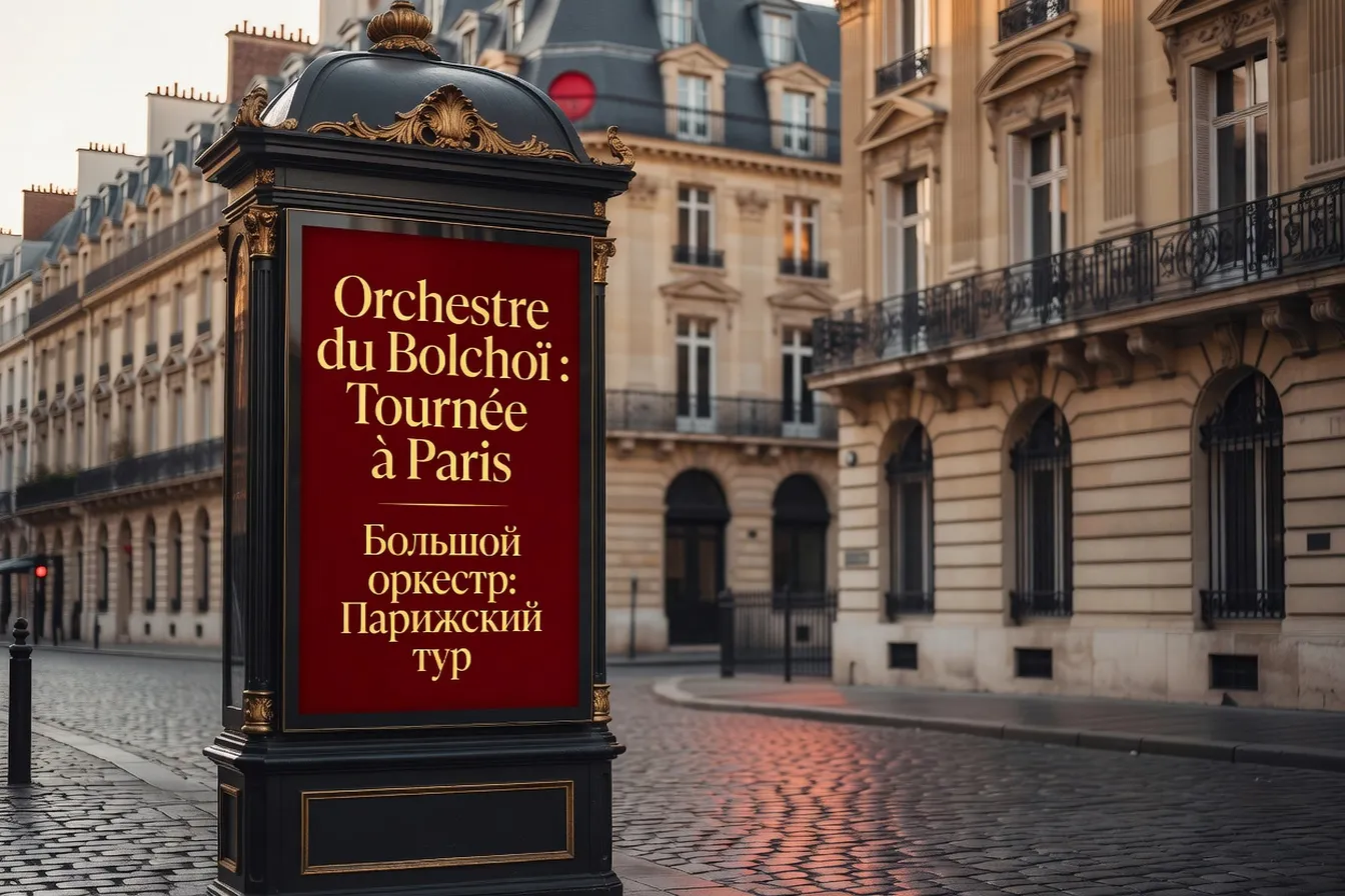 Affiche de la tournée du Bolchoï à Paris 2026, calligraphie élégante en français et cyrillique placardée sur une colonne Morris parisienne