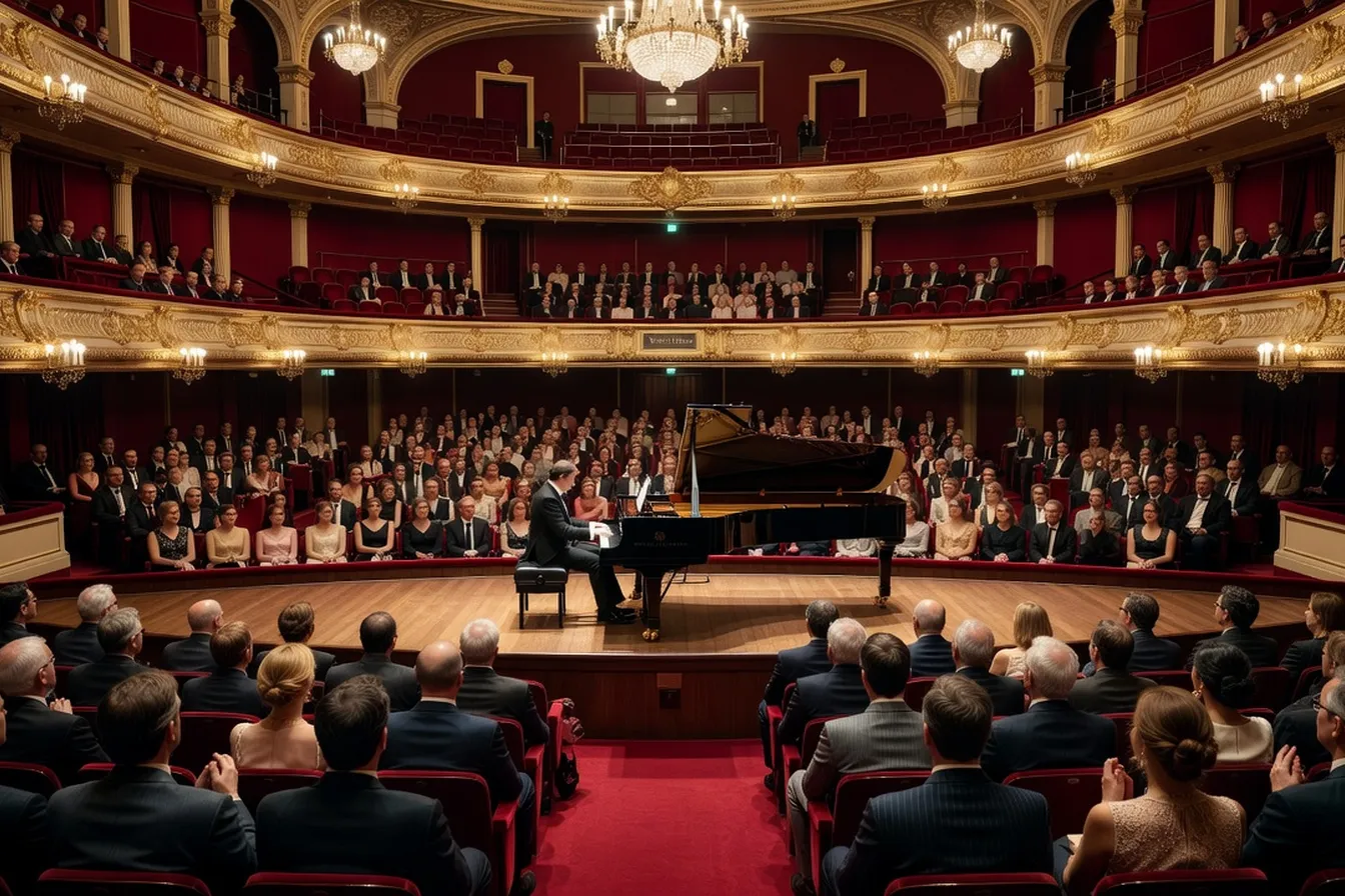 Salle Pleyel lors d'un récital de piano russe, vue depuis le balcon, public attentif dans la lumière dorée