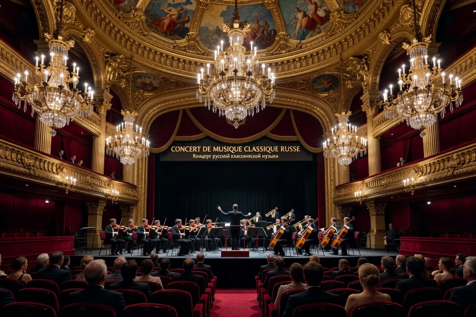 Scène de l'Opéra Garnier en plein concert classique russe, orchestre symphonique et lumières dorées