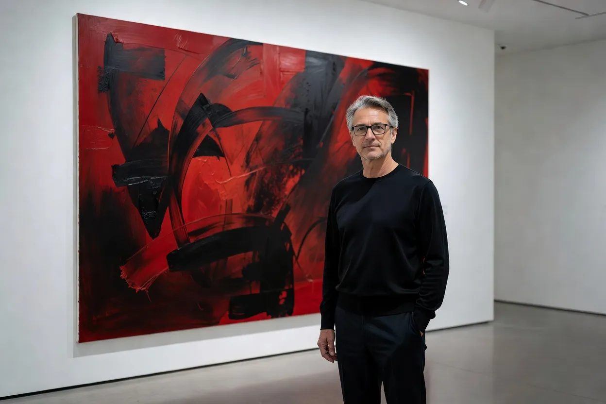 Mikhail Zhukov, commissaire d'exposition spécialisé en art russe contemporain, devant une installation dans une galerie du Marais à Paris
