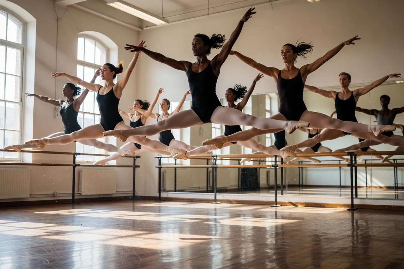 Danseurs en répétition de grands sauts, salle de ballet avec miroir et barre