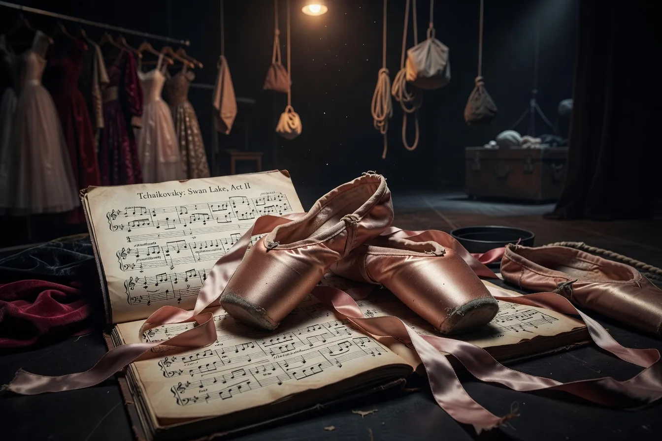 Détail de chaussons de pointes usés posés sur une partition de Tchaïkovski, ambiance coulisses d'opéra