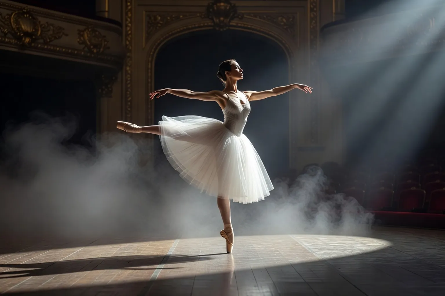 Danseuse de ballet en tutu blanc et pointes en arabesque sur scène d'opéra, lumière de scène, élégance classique russe