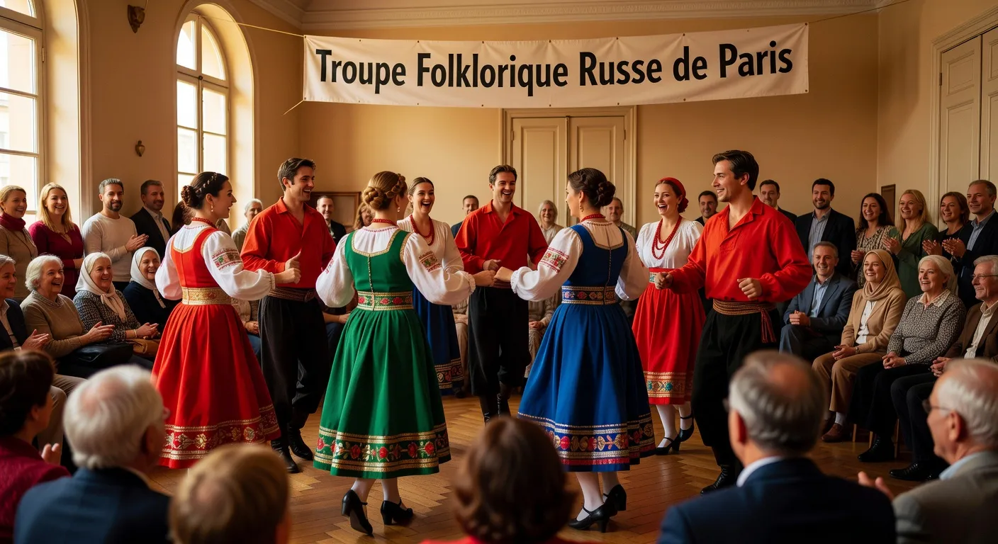 Danseurs folkloriques russes en costumes colorés sur une scène parisienne illuminée, sarafanes brodés et kosovorotky