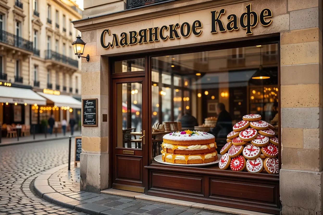 Devanture d'un café slave à Paris avec enseigne cyrillique, vitrine avec pâtisseries medovik et prianik