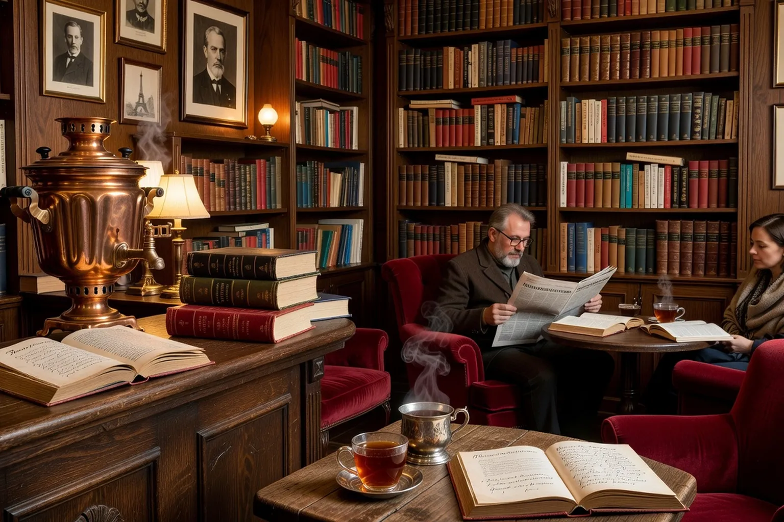 Café littéraire parisien d'inspiration russe : samovar en cuivre sur comptoir, table avec livre ouvert et thé fumant