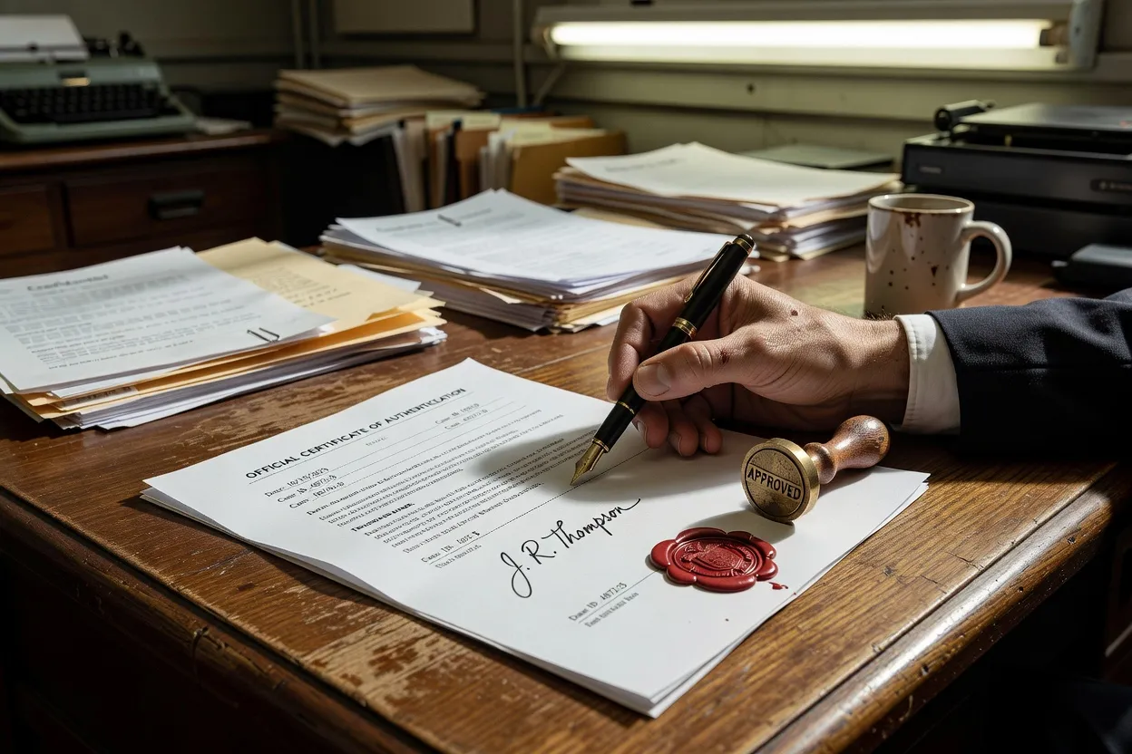 Signature d'un document officiel avec sceau et stylo sur un bureau administratif