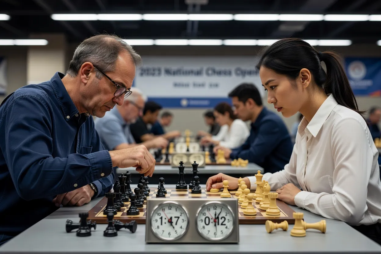 Deux joueurs concentrés pendant une partie d'échecs en tournoi, horloge d'échecs au premier plan