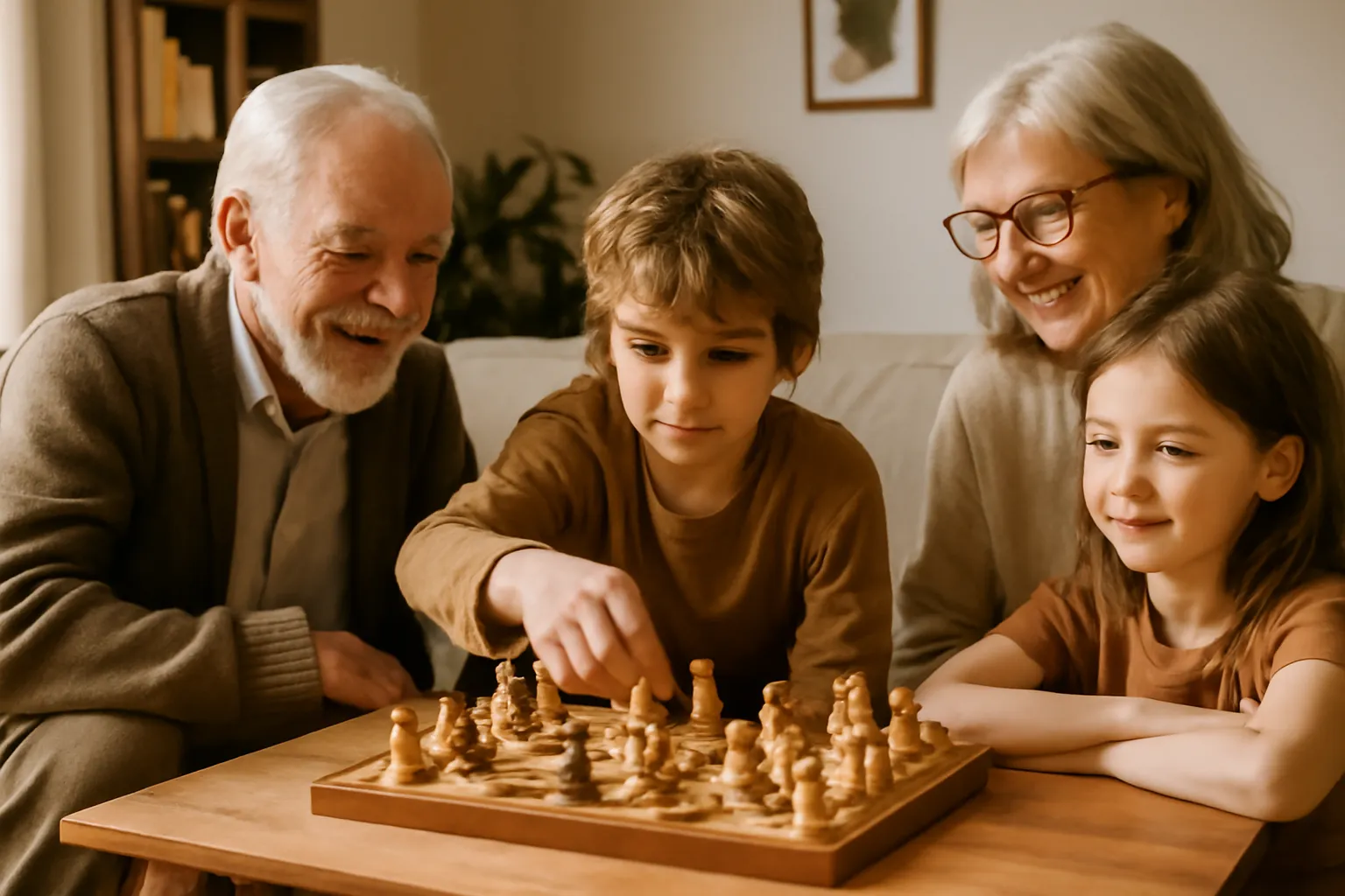 Grands-parents et petits-enfants jouant aux échecs ensemble, transmission intergénérationnelle