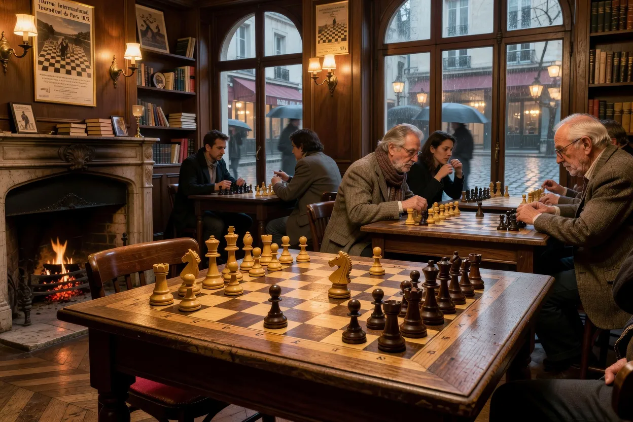 Échiquier en bois avec pièces en jeu dans un club d'échecs parisien