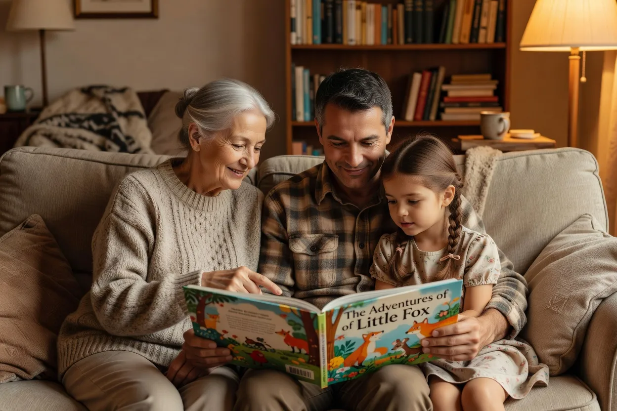 Famille russophone à Paris partageant un moment de lecture, transmission de la langue et des repères