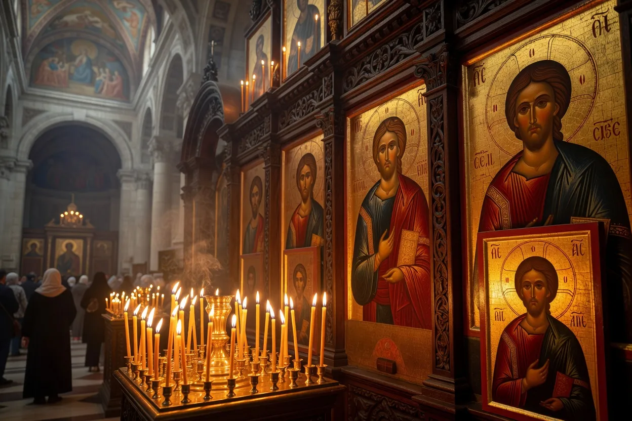 Cierges allumés devant des icônes lors d'une veillée de Noël orthodoxe dans une cathédrale russe à Paris