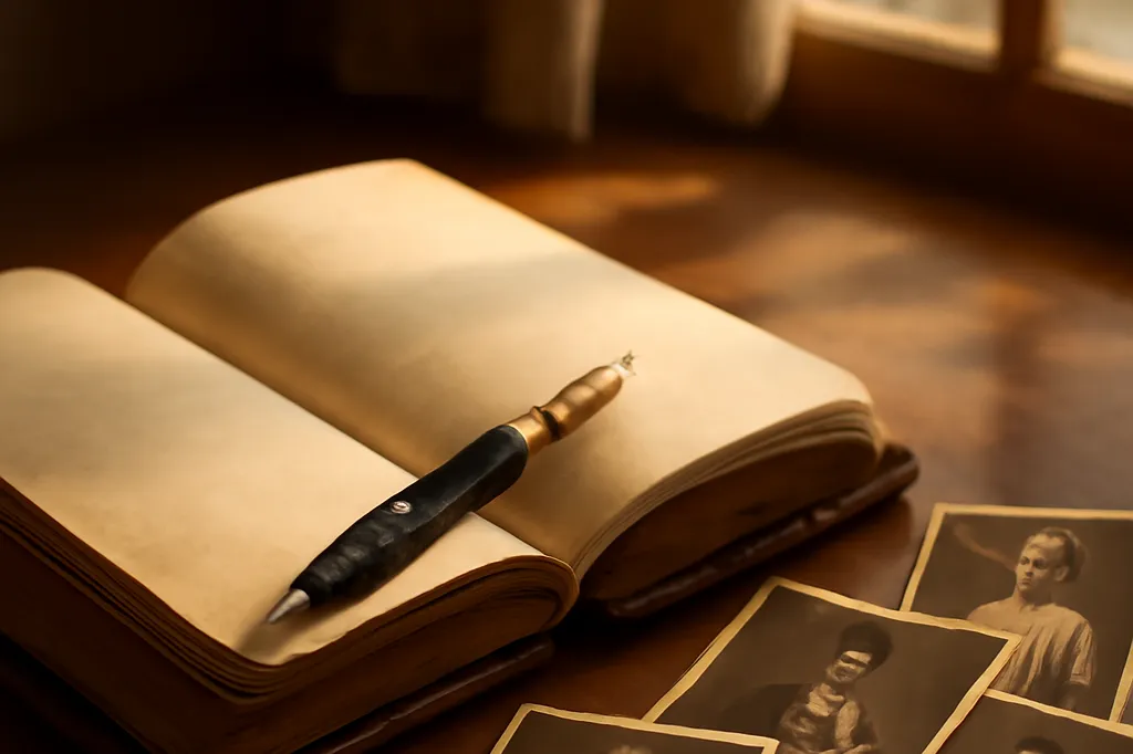 Journal intime ancien ouvert avec un stylo plume et de vieilles photographies sépia posées à côté