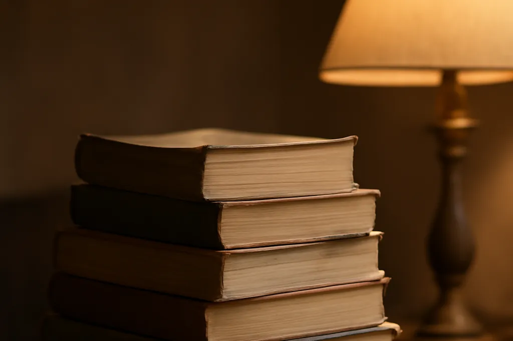 Pile de livres reliés posée sous la lumière chaude d'une lampe de lecture
