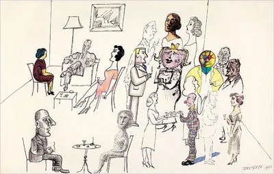 Techniques at a Party de Saul Steinberg (1953), dessin montrant differentes personnes dans un cocktail, chacune representee dans un style graphique different