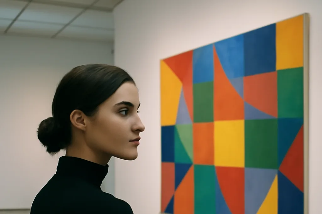Visiteuse de profil observant une grande toile abstraite géométrique dans un musée d'art moderne