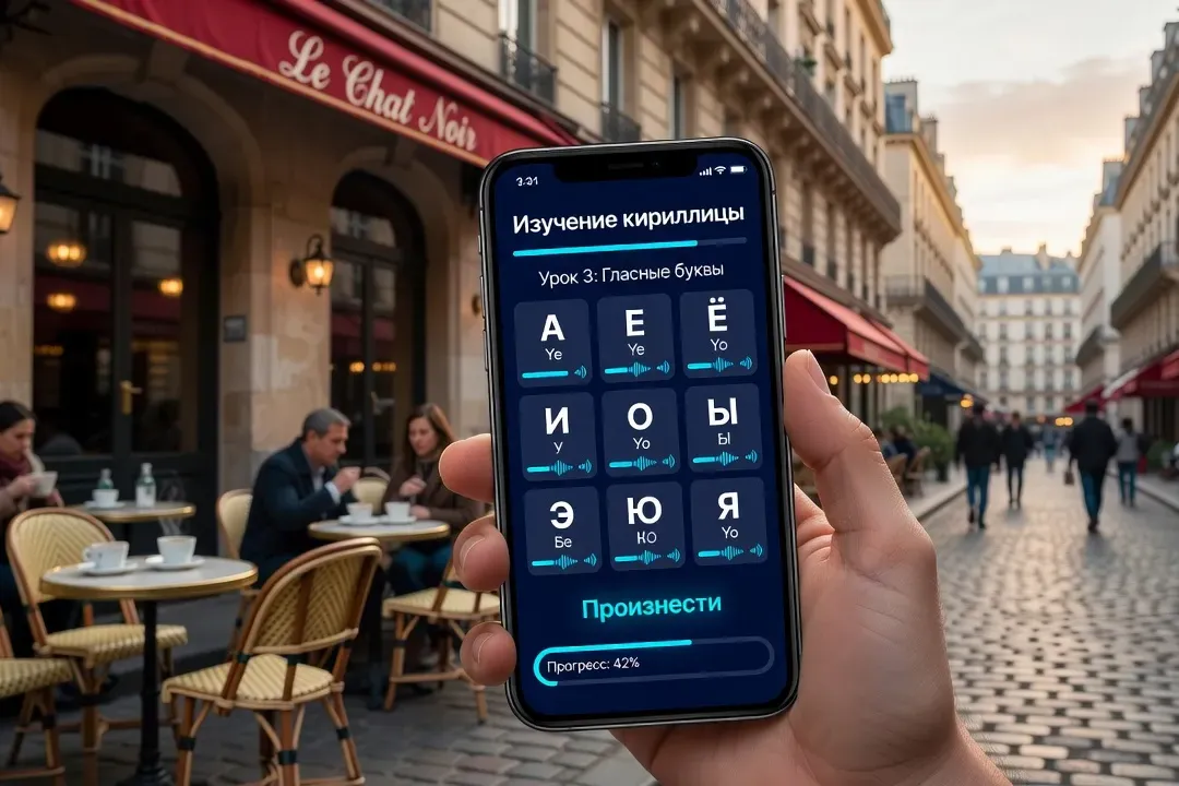 Cours de russe en groupe à Paris avec un professeur natif et l'alphabet cyrillique au tableau