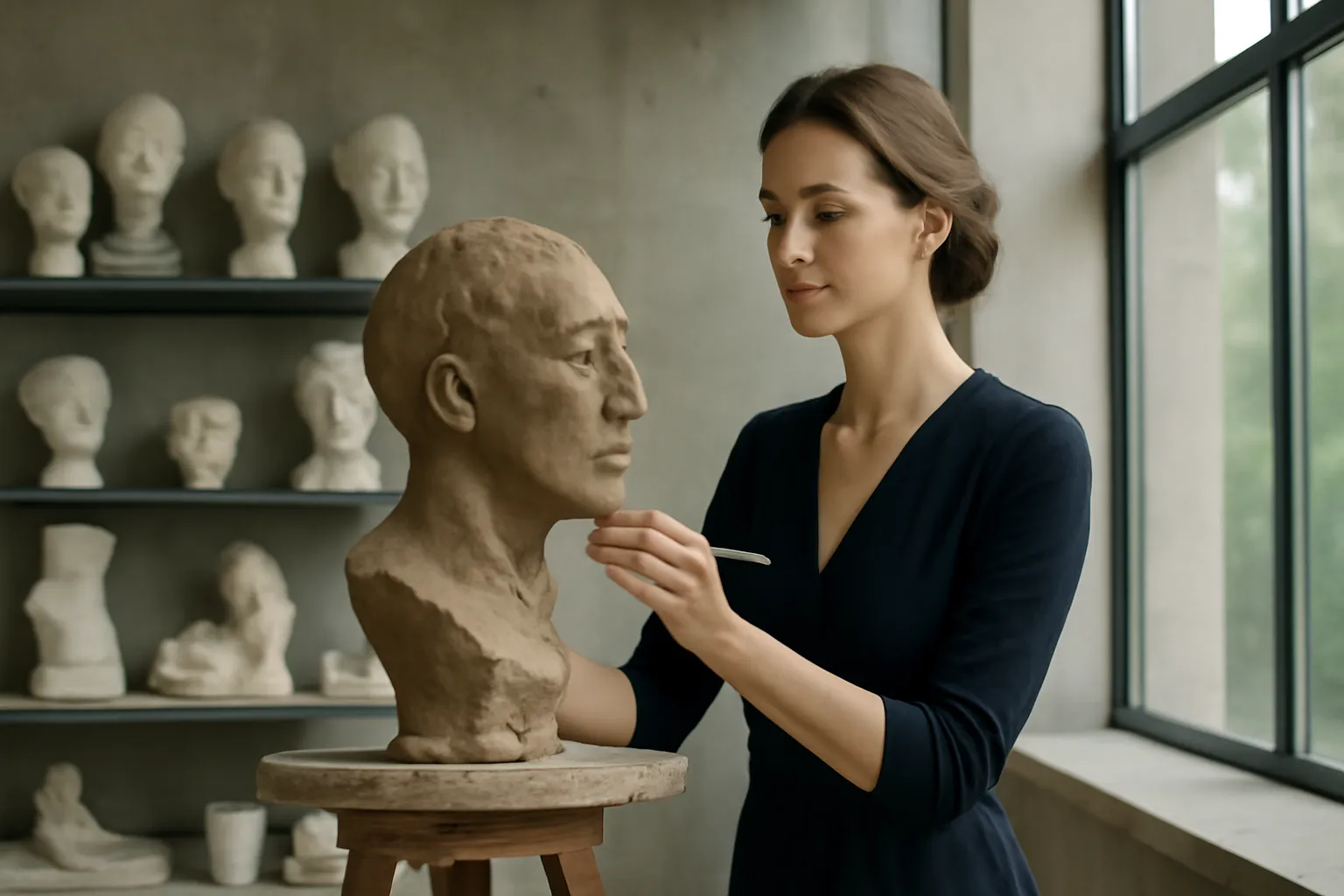 Une sculptrice en robe sombre modèle un buste en argile sur un tabouret dans un atelier moderne aux grandes baies vitrées, avec des plâtres sur des étagères