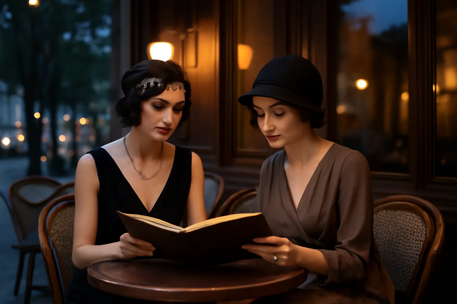 Deux femmes en tenues des années 1920 feuillettent un carnet de croquis à une table ronde d'une terrasse de café parisien au crépuscule