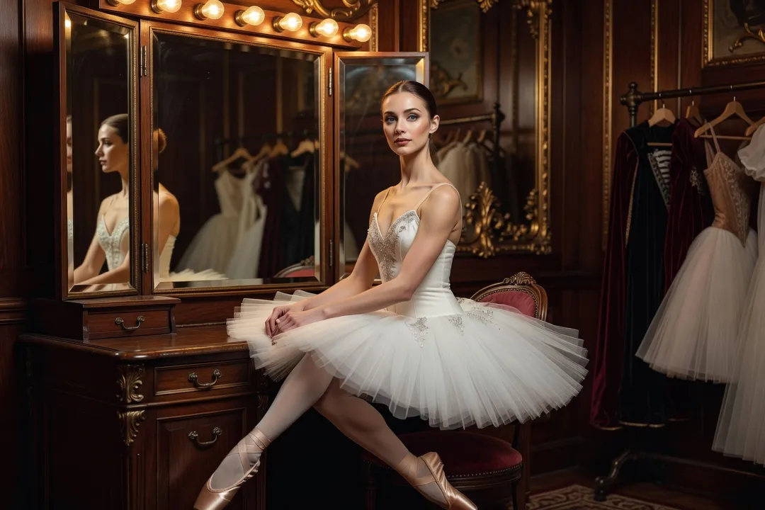 Danseuse de ballet en tutu classique dans les coulisses d'un théâtre à l'ancienne